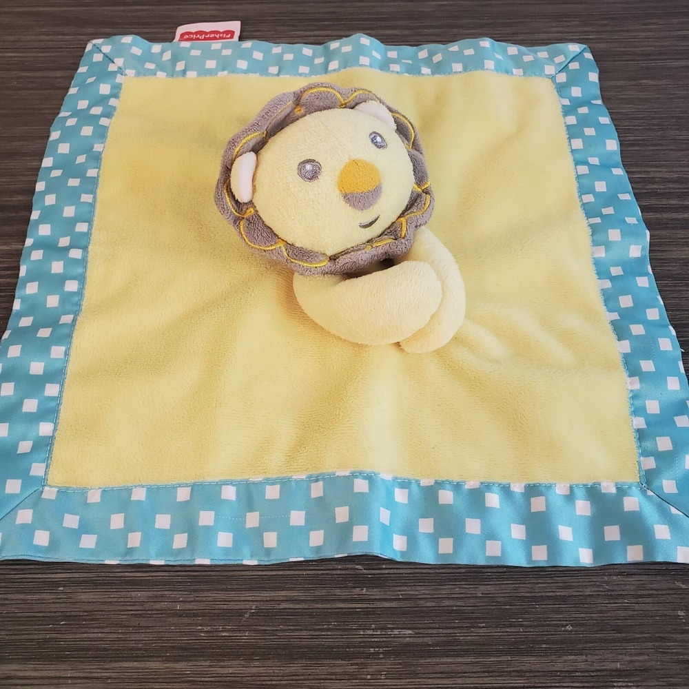 Fisher Price Baby Lovey Lion Yellow Blue Polka Dot Fleece Satin Trim Soother